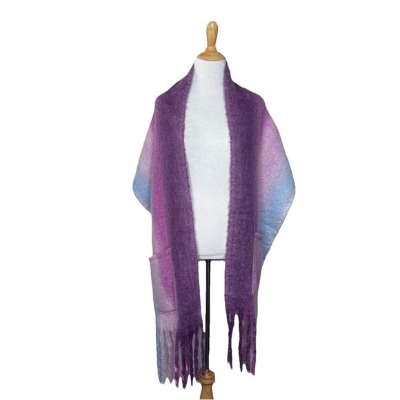Cato Accessories - Cato Ombre Blue Purple Pink Fuzzy Blanket Scarf Pockets Fringe One Size